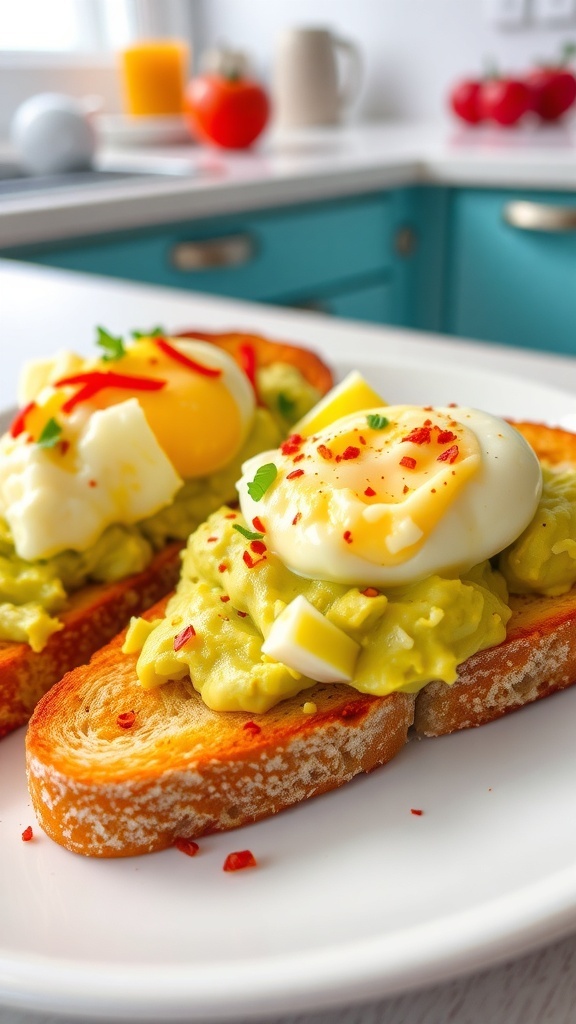 Two slices of avocado and mashed egg toast garnished with herbs and red pepper flakes on a plate.